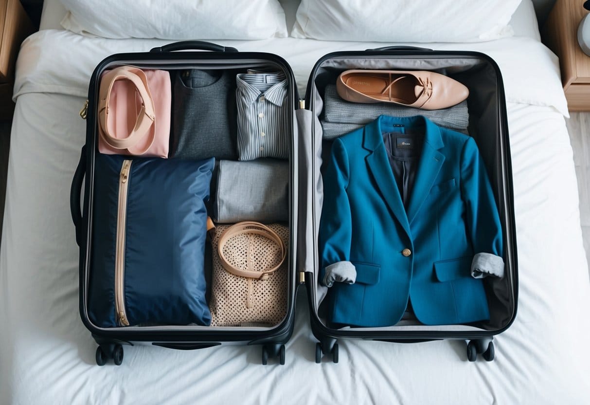 Une valise soigneusement emballée avec des essentiels de voyage et des vêtements élégants disposés sur un lit, prête pour un voyage