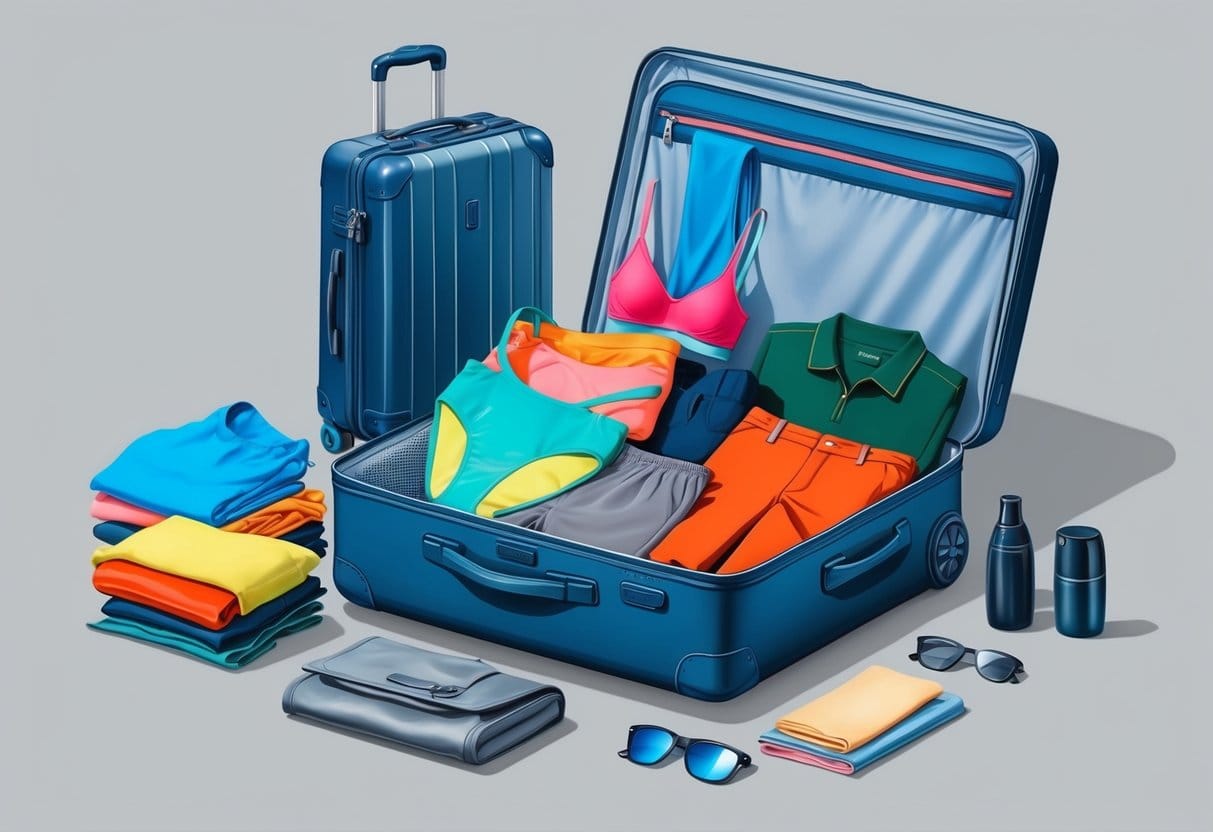 Une valise ouverte avec divers vêtements débordant, y compris des maillots de bain, du matériel de randonnée et des tenues de soirée, entourée d'accessoires de voyage.